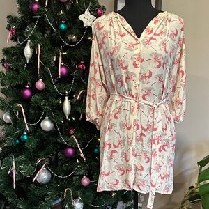 *TUCKER* Petite Cream x Pink Floral 100% Silk Long Sleeve Button Dress Size P